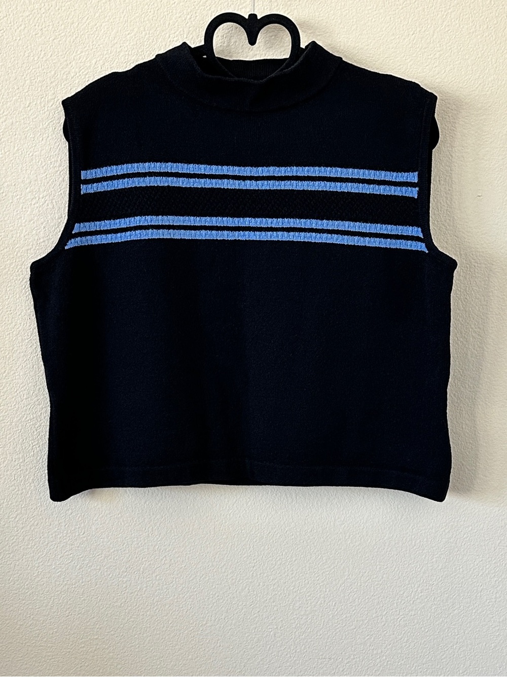 St. John Black Blue Mock Neck Striped Sleeveless Boxy Sweater Size L